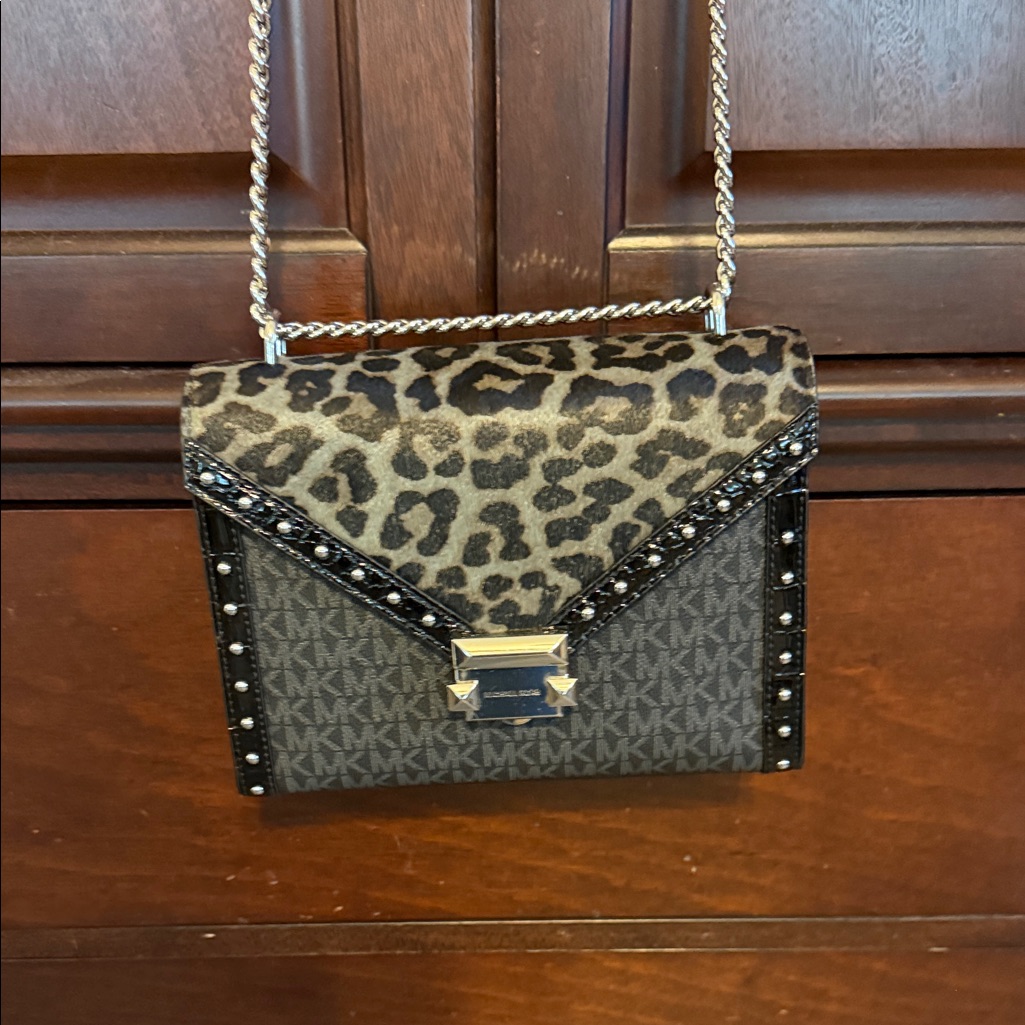 Michael Kors Whitney Black Leopard Print Crossbody Bag With Black Wallet